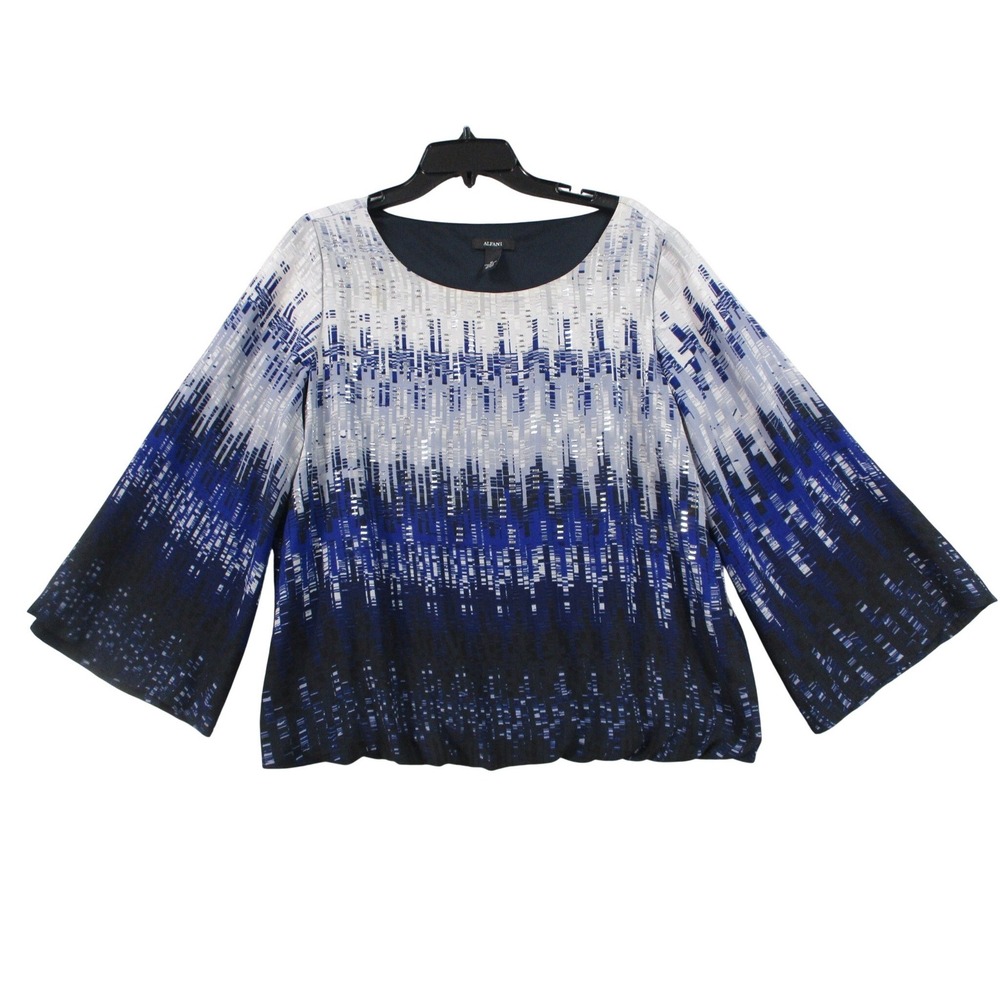 Alfani Womens Blue Black White Abstract Bell Sleeve Bubble Hem Blouse Size 16